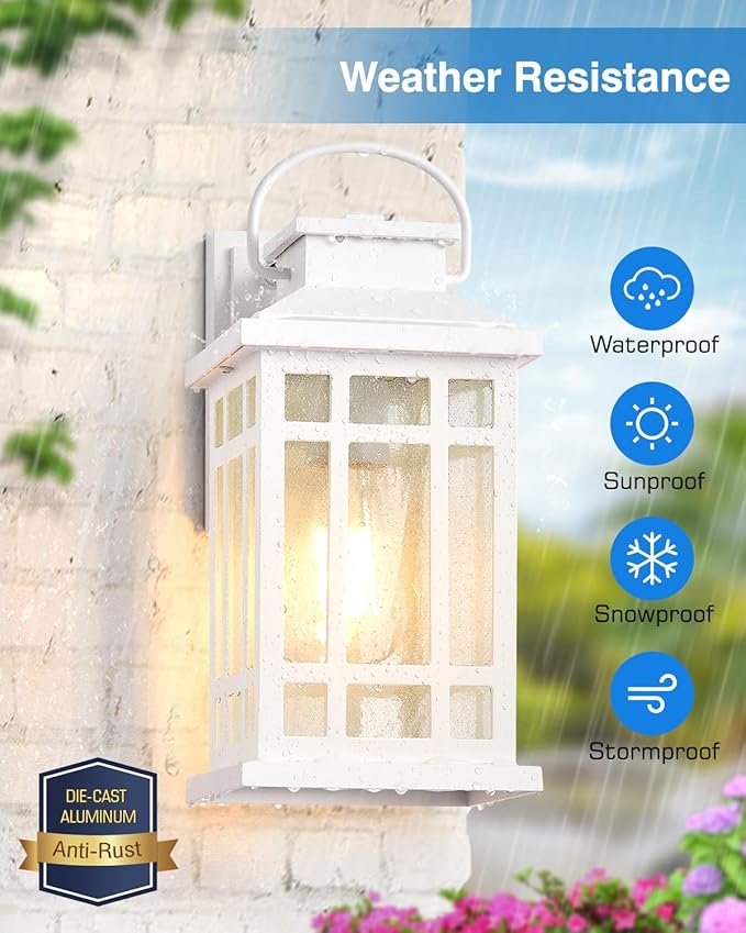White Porch Lights Outdoor with Dusk to Dawn Sensor, Modern Outside Wall Lights with Seed Glass, Aluminum Waterproof and Anti-Rust Outside Lights for House, Garage, Garden, Entryway, Doorway