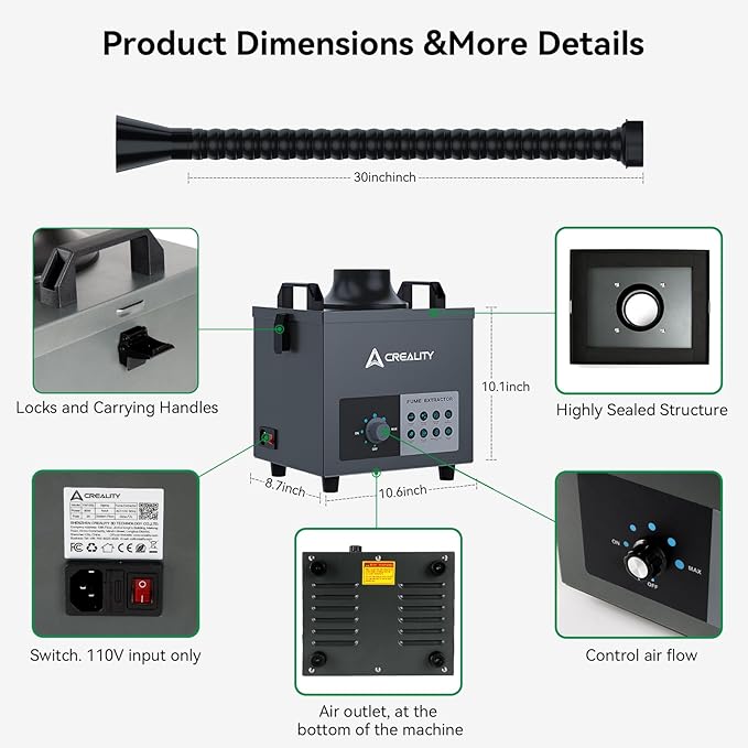 Creality Smoke Purifier with Extraction Tube, 3-Stage Filtration, 99.97% Purification Rate, Low Noise＜50dB, 200m³/h, 100W Fume Extractor for Laser Engraver Machine