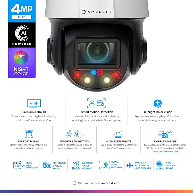 Amcrest 4MP Outdoor PTZ POE + AI IP Camera Pan Tilt Zoom (Optical 5X Motorized) Security Speed Dome, Human and Vehicle Detection, IVS, Face Detection, Auto Tracking, POE+ (802.3at) IP4M-1098EW-AI