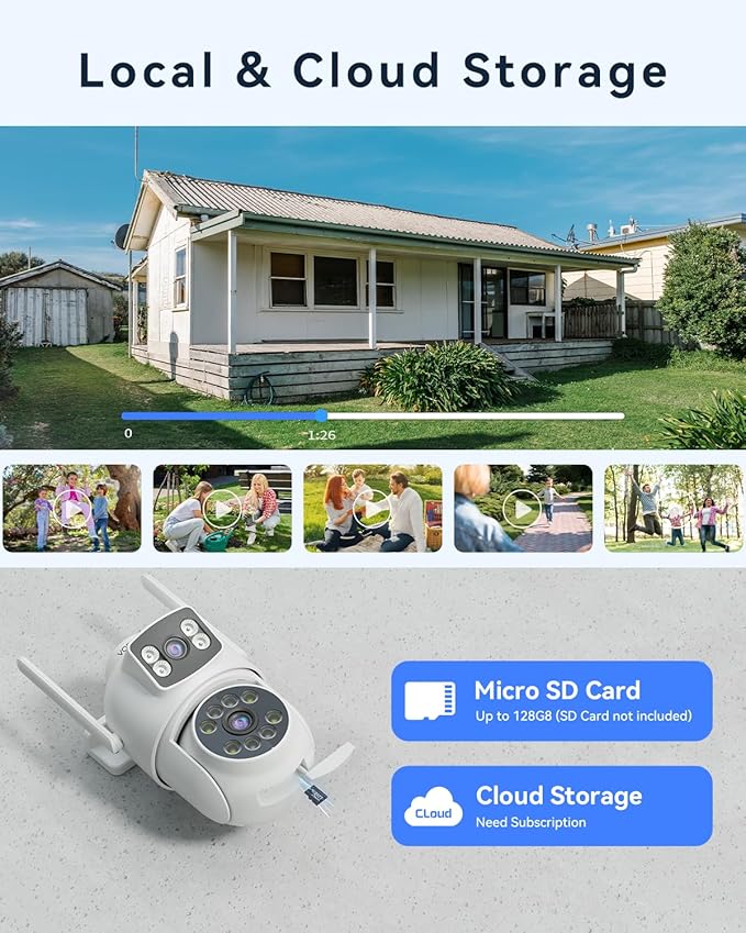 Security Camera Outdoor Wireless, Dual Lens 2K (3MP+3MP) 355° PTZ Home Security WiFi Camera Outside Surveillance Indoor, 2.4G WiFi, PIR Human Detection, Auto Tracking, Color Night Vision, White