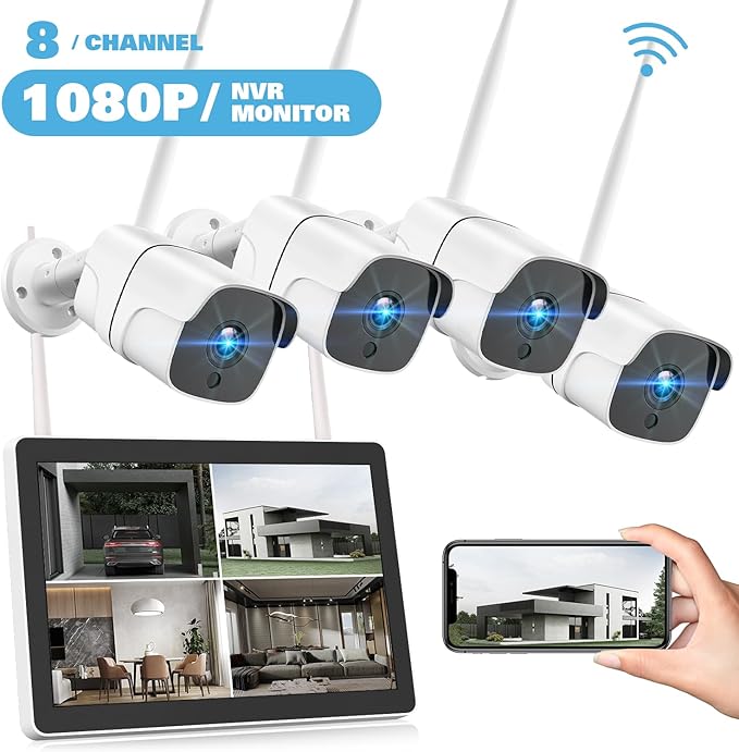 Wireless Security Camera System with 12" Monitor, 8CH NVR & 4pcs WiFi Cameras - Plug & Play, Night Vision, 24/7 Recording (No HDD + 4cam + 12" Monitor)