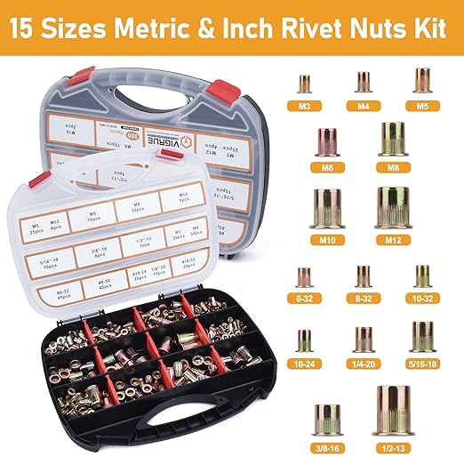 VIGRUE 16'' Rivet Nut Tool Kit Nutserts Rivnut Hand Tool Set with 15PCS Metric & SAE Mandrels and 300PCS Rivet Nuts Assortment