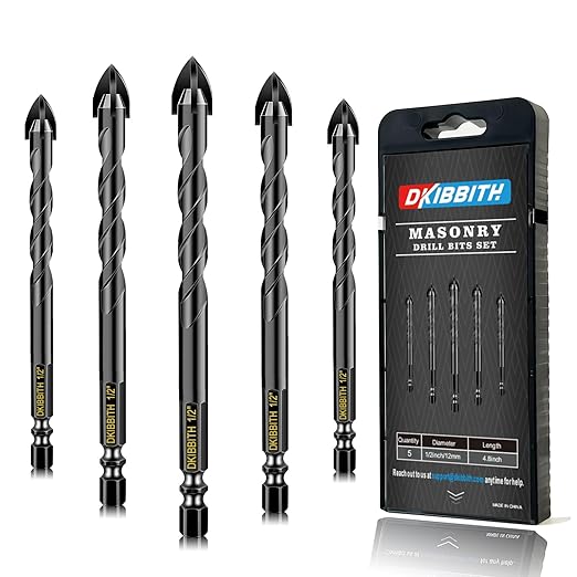 5 Pcs 1/2" Masonry Concrete Drill Bit Set for Tile Brick Glass Plastic Wood, Cross Tungsten Carbide Tip, Hex Shank, Work with Ceramic Porcelain Tile Wall Mirror Paver, 1/2 Inch Drill Bits, 12mm