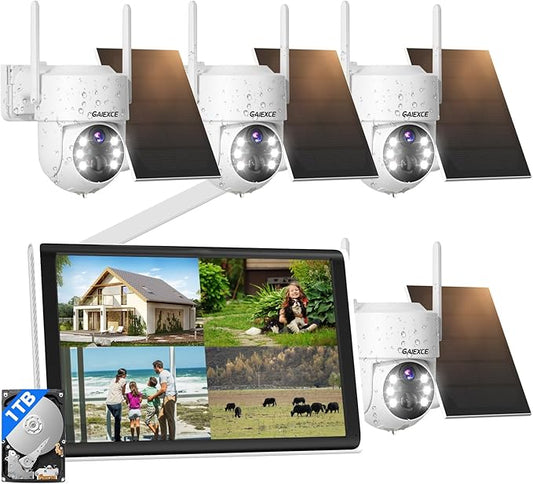 Wireless Solar Camera System Outdoor, 4PCS 4MP Battery Powered Cameras, No Monthly Fee, 360° View Pan Tilt, PIR Motion Detection, Color Night Vision, IP66, 2-Way Audio, 10" Monitor