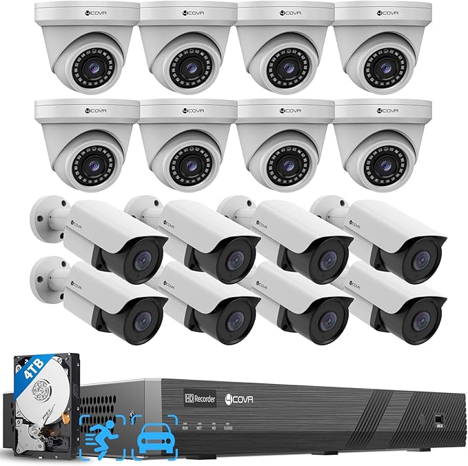 4COVR 16 Channel PoE Security Camera System with Mic, Ultra HD NVR with 4TB HDD, AI Human Vehicle Detection, 8 Dome 8 Bullet 5MP IP67 Commercial IP Camera Night Vision, 24/7 Recording, LYH37E5M1616