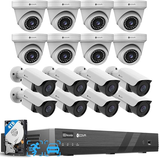 4COVR 16 Channel PoE Security Camera System with Mic, Ultra HD NVR with 4TB HDD, AI Human Vehicle Detection, 8 Dome 8 Bullet 5MP IP67 Commercial IP Camera Night Vision, 24/7 Recording, LYH37E5M1616