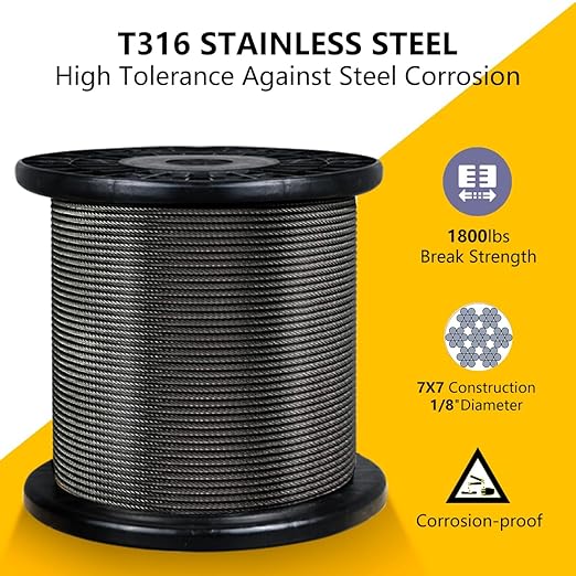 Black 400FT 1/8" T316 Stainless Steel Cable with Cutter, 7x7 Strands Aircraft Wire Rope for Deck Railing, Stair Handrail, Porch Fence, High Strength for Indoor and Outdoor Use