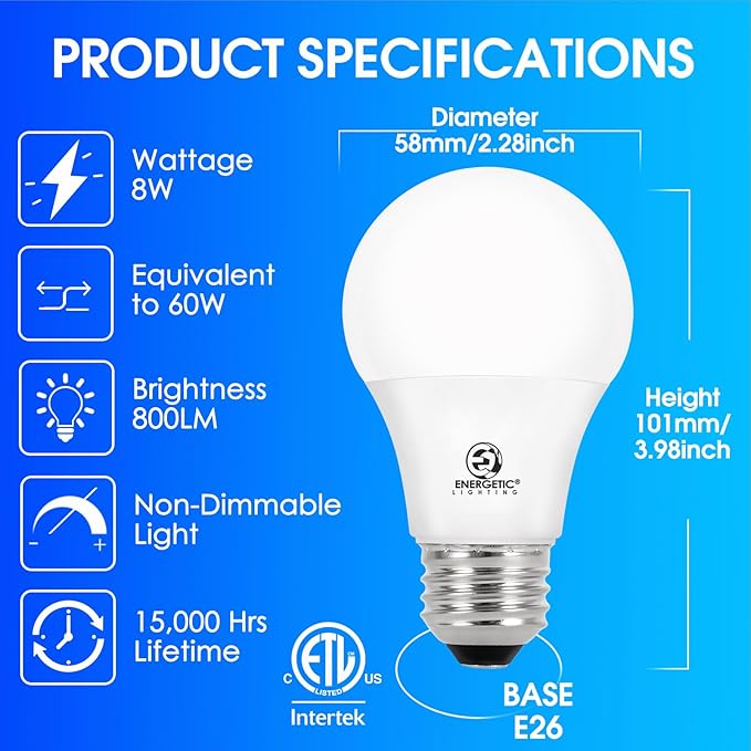 E ENERGETIC LIGHTING Light Bulbs 60 Watt Equivalent, A19 Soft White LED Light Bulbs, 15000 Hrs E26 Base, 8W-9W 760LM-800LM 2700K Light Bulb, ETL/UL Listed, Non-Dimmable, 8-Pack