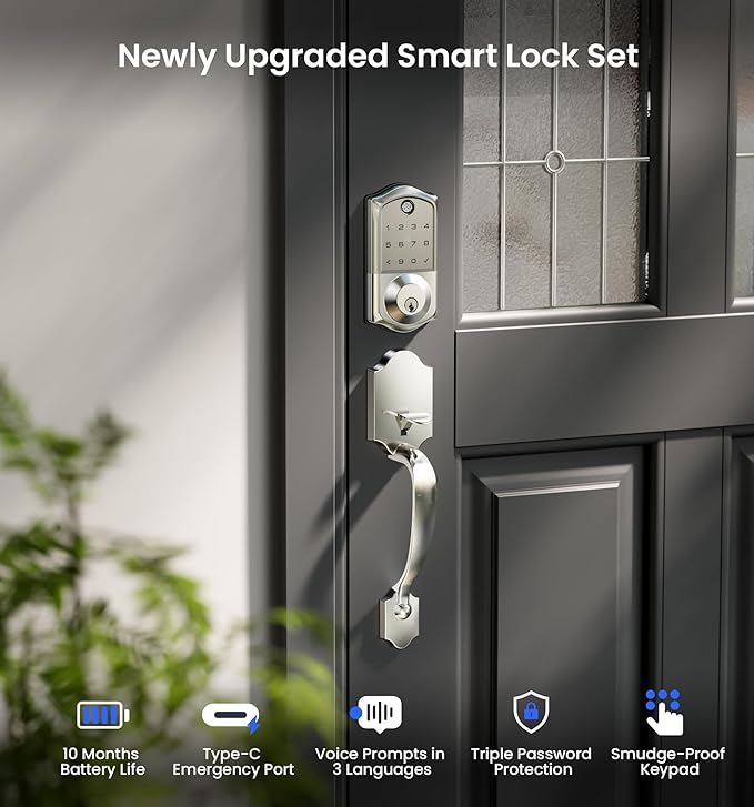 Veise VE017-H Fingerprint Smart Front Door Lock Set, App Control, Keyless Entry Deadbolt with Handle, Smart Deadbolt, Emergency Power Port, Touchscreen Keypad, Auto Lock, Easy Install, Satin Nickel