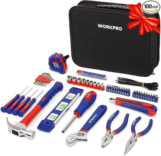 WORKPRO Home Tool Kit, 100 Piece Kitchen Drawer Household Hand Tool Set with Easy Carrying Pouch