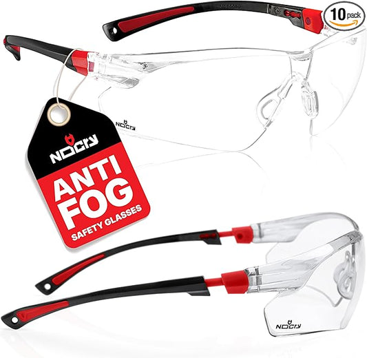 NoCry Safety Glasses with Clear Anti Fog Scratch Resistant Wrap-Around Lenses and No-Slip Grips, UV Protection. Adjustable, Black & Red Frames (10 pack)