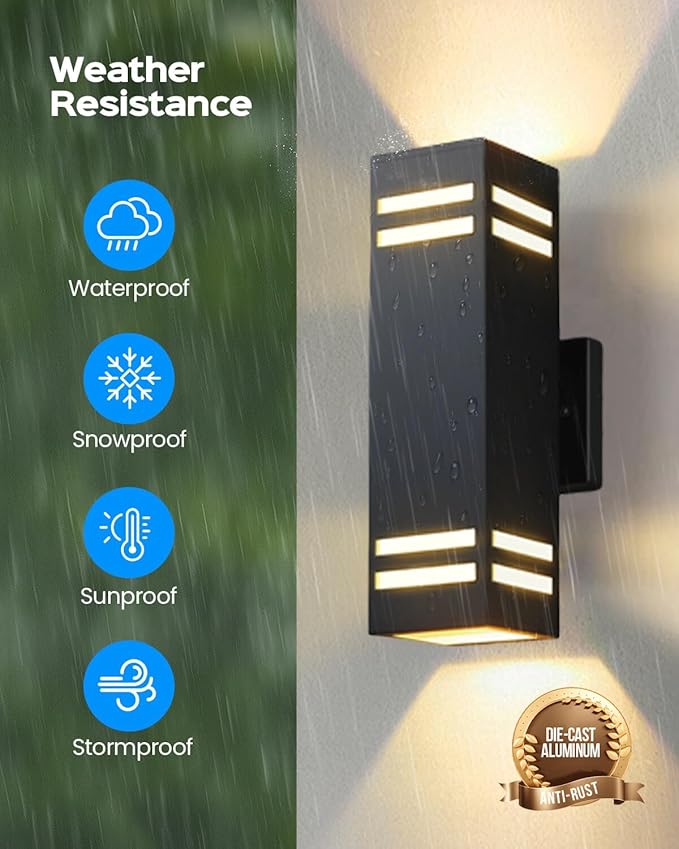 KIZON Outdoor Wall Lights Dusk to Dawn, Modern Outdoor Sconce Up and Down Lighting, Square Matte Black Exterior Lighting Fixture Wall Mount for House Porch, LED Bulbs Included, ETL Listed