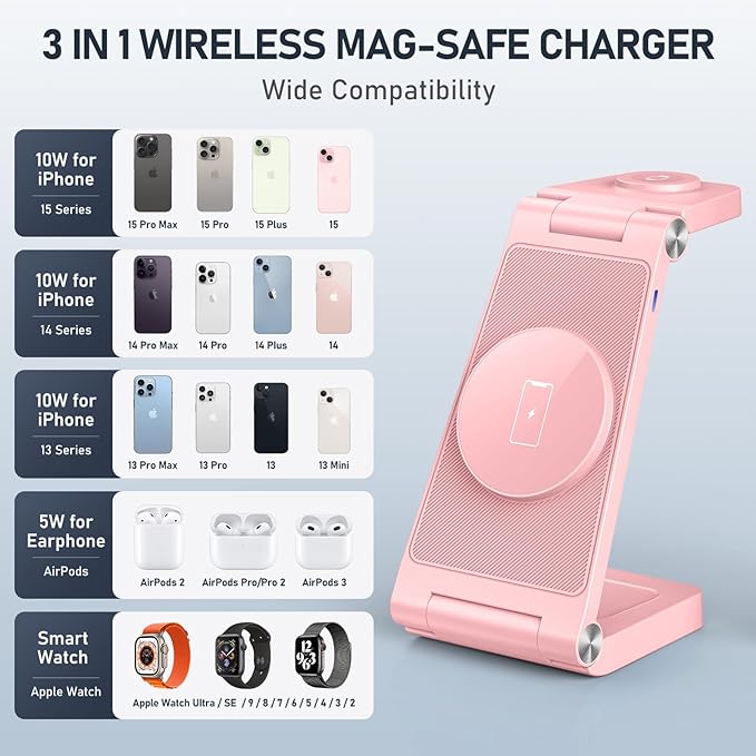 Magnetic Wireless Charger Stand, 3 in 1 Foldable Wireless Charging Station, Travel Charger for Multiple Devices for iPhone 16 15 14 13 12 Series, Apple Watch Ultra/SE/9/8/7/6/5/4/3/2, AirPods