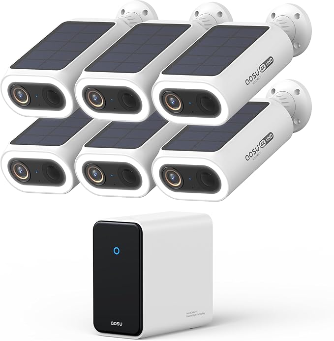 AOSU 4K Solar Security Cameras Wireless Outdoor, Expandable to 16TB (32GB Built-in) HomeCortex Home Security System + 6 Extra Solar Panel, AI Face Recognition & Behavior Detection, 6-Cam Kit