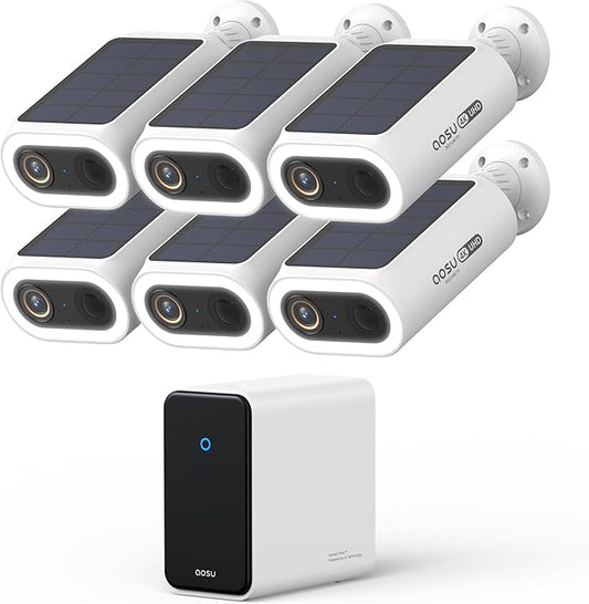 AOSU 4K Solar Security Cameras Wireless Outdoor, Expandable to 16TB (32GB Built-in) HomeCortex Home Security System + 6 Extra Solar Panel, AI Face Recognition & Behavior Detection, 6-Cam Kit