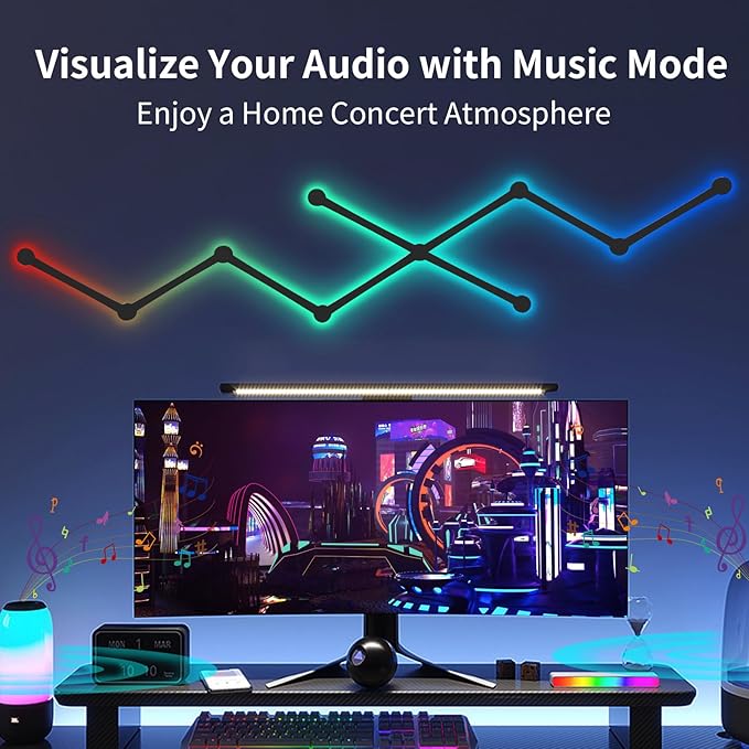 Smart Wall Light Lines, WiFi RGB LED Light Bars, 16M+ Color Dimmable Music Sync DIY Home Decor Light Bars for Gaming Party Streaming Lovers, Work with Alexa & Google Assistant (9 Lines,Black)