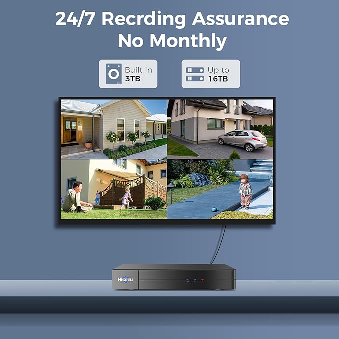 Hiseeu 4K Wired Security Camera System Outdoor with Audio,Smart Dual Light,AI Human/Vehicle Detection,3TB HDD,4K Surveillance DVR Kit 8CH,4X8MP Home CCTV Cameras,Smart Playback,100ft Night Vision