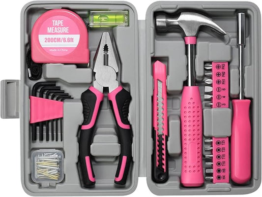 ZUZUAN 25pc Pink Tool Set Household DIY Tool Kit for Women with Easy Carrying Small Mini Tool Box, Perfect for DIY, Home Maintenanc