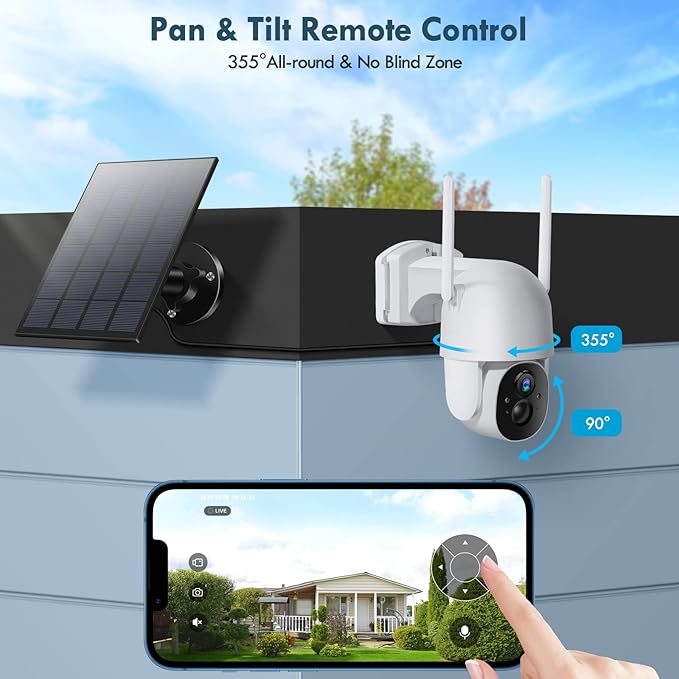 Solar Security Cameras Wireless Outdoor, Wireless Cameras for Home/Outdoor Security, 355°PTZ, 3MP 2K FHD WiFi Camera with Spotlight, Motion Detection, Siren, Color Night Vision, SD/Cloud