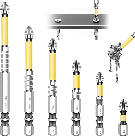 High Magnetic Screwdriver Drill Bit Set, Anti-Slip Magnetic Electric Screwdriver Set, 2025 New K5 Impact Resistant Non Slip Bit, 6Pcs/Set - 25 50 65 70 90 150mm