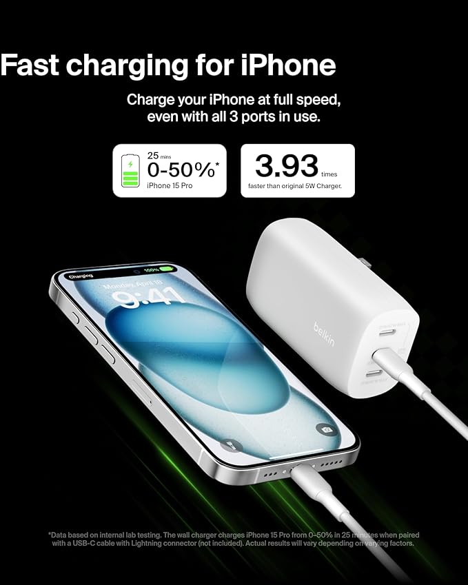 Belkin 3-Port USB C Charger Block 67W - PPS, USB-C PD3.1 Super Fast Charging Charger - Samsung Galaxy S25, Apple iPhone 16, MacBook Pro, AirPods, Nintendo Switch 2 & Other PD Enabled Devices - White
