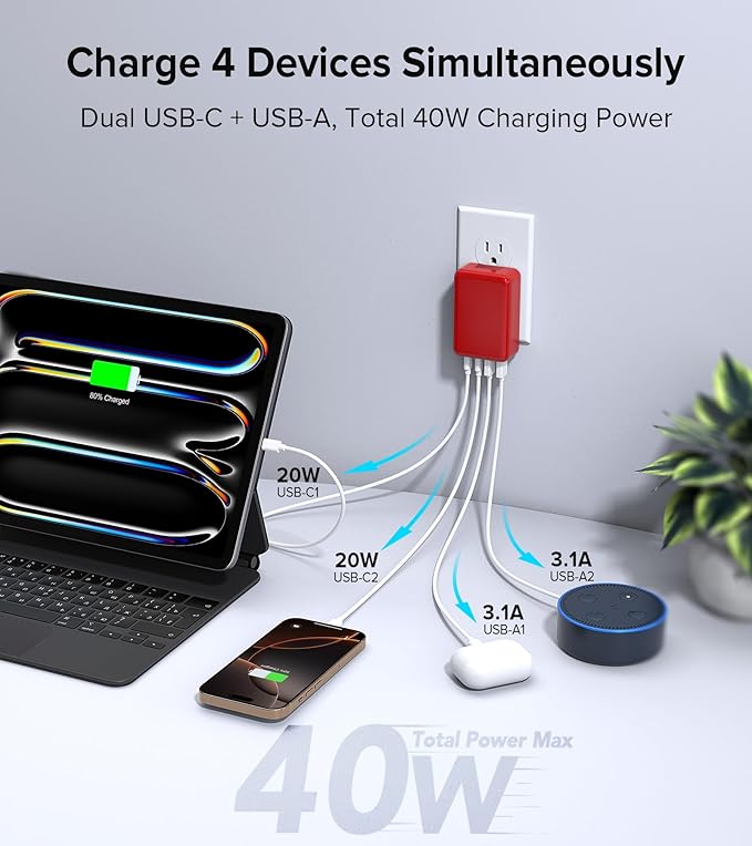 [2-Pack] Flat USB C Wall Charger,40W Fast USB C Charger Block,4-Port PD Power Adapter +QC Wall Plug Multiport Type C Charging Block Cube Compatible with iPhone 16 15 14 13 12 11 Pro Max XR XS 8 7(Red)