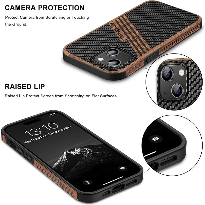 TENDLIN Compatible with iPhone 15 Case Wood Grain with Carbon Fiber Texture Design Leather Hybrid Slim Case (Three Stripe)