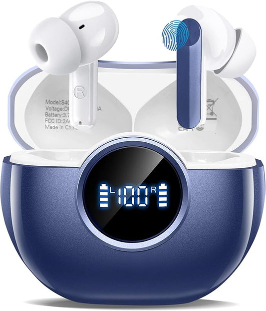 Wireless Earbuds 2025 NEW Bluetooth 5.4 Headphones Bass 3D Stereo,In-Ear Earphones with 4 ENC Noise Cancelling Mic,48H Playtime with LED Display, IPX7 Waterproof for Laptop Android iOS, Gemstone Blue