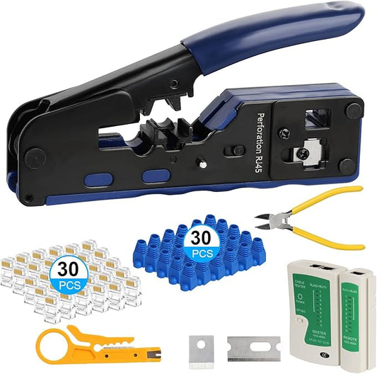 Pass Through RJ45 Crimp Tool Kit, Ethernet Crimping Tool Kit for Cat5/Cat5e/Cat6 with Cable Tester, 30PCS Connectors & Boots, Wire Crimper Stripper Cutter for Network Installation