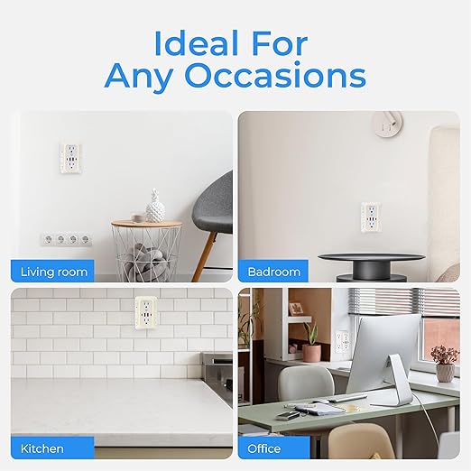 Wall Mount Power Strips Wall Charger 6 Outlet Extender 4 USB Ports (5V, 2.4A, 12W) and Night Light 3-Sided Power Strip with Adapter Spaced Outlets - Multi Plug Outlet Surge Protector for Home Office