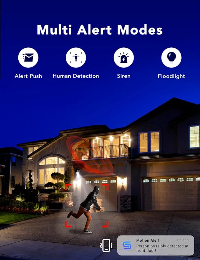 2K Security Camera, Outdoor/Indoor for Home, Pet, Baby, Nanny, IP65 Wterproof Color Night Vision, White Light & Siren, Recording, Motion Detection, Compatible with Alexa,Black-2P