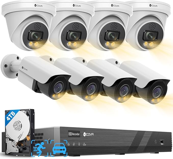4COVR 16 Channel PoE Security Camera System, 2-Way Audio Talk, Person Vehicle Detection & Smart Color Night Vision, 4K HD 4TB NVR for Businesses, 4 Dome 4 Bullet 5MP Wired IP Camera IP67, LYH37Y5M1608