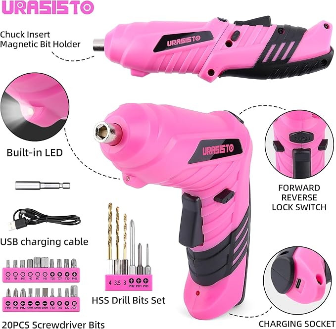 123-Piece Pink Household Tool Set with 3.6V USB Cordless Electric Drill, Lightweight, Portable