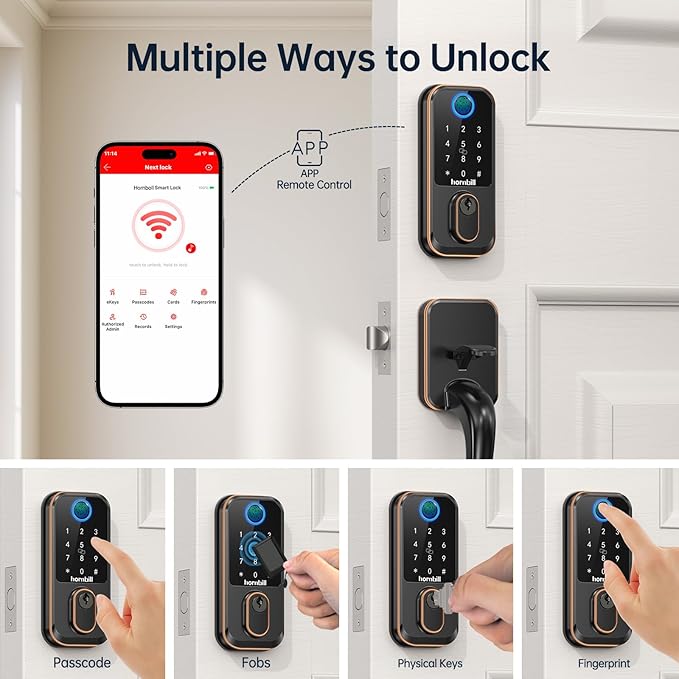 WiFi Smart Locks for Front Door: Hornbill Keyless Entry Door Lock with Handle, Fingerprint Keypad Deadbolt Front Door Lock Set, Electronic Biometric Digital Lock, App Remote Control, Oil Rubbed Bronze
