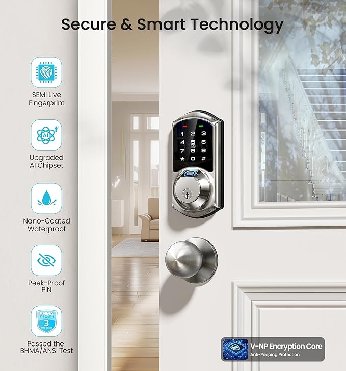 Veise VE07 Fingerprint Smart Door Lock, 7-in-1 Keyless Entry Deadbolt with App Control, Electronic Digital Touchscreen Keypad, Biometric Smart Locks for Front Door, Auto Lock, Satin Nickel