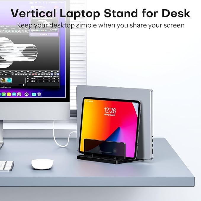 OMOTON Vertical Laptop Stand for Desk, Acrylic Laptop Holder Desktop Clear Adjustable Dock for MacBook Pro Air, HP, All Gaming Laptops up to 17” (Black, Dual Slot)