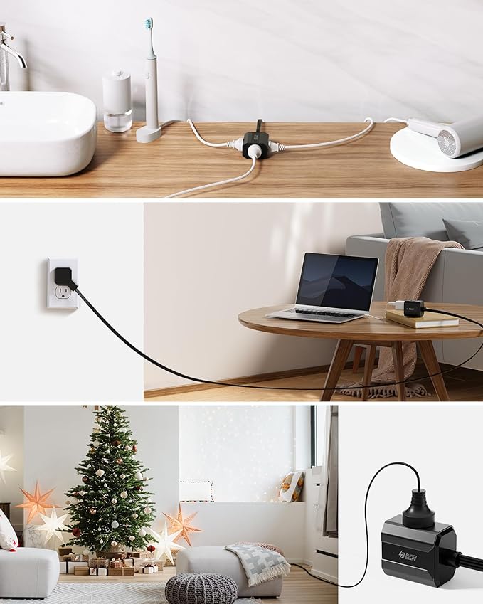 Extension Cord 10ft SUPERDANNY Mini Power Strip Ultra Right Angled Flat Plug for Tight Spaces,Indoor Extension with 3 Outlets,for Office Home Appliances,Non Surge Protector for Travel Cruise,Black