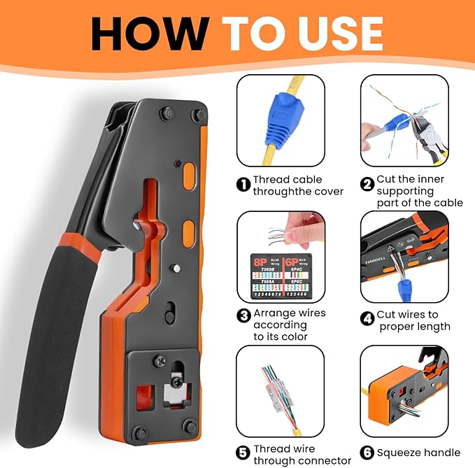 HARDELL RJ45 Crimp Tool, Pass Thru RJ11 Ethernet Crimper for Cat5 Cat6 Connectors, All-in-One 6P 8P Ethernet Crimping Tool Kit With Wiring Diagram, Replacement Blades, Cable Sheath, Tester & Battery