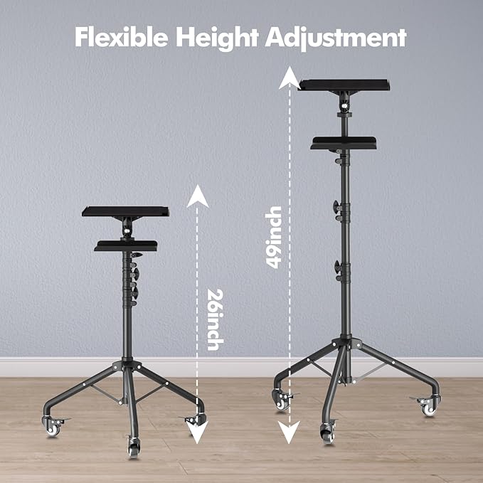Projector Stand Tripod Laptop Tripod on Wheels with 2 Shelves, Adjustable Height 26 to 49 Inch Portable Podium Stand with Gooseneck Phone Holder for Office, School, Home, DJ Racks