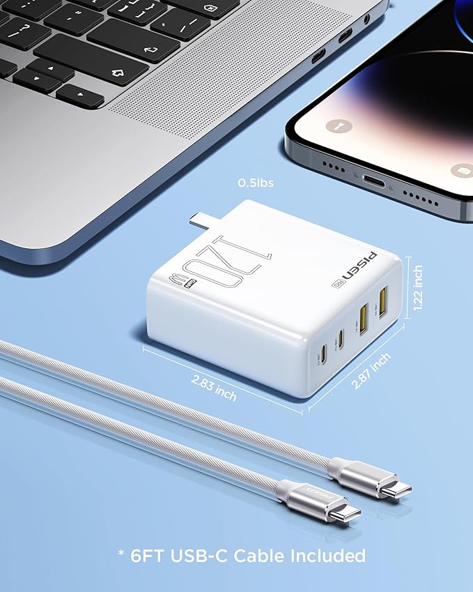 PISEN 120W USB C Charger - 120W 4-Port GaN USB C Charger Block Fast Charging with 6FT USB-C to C Cable, 120W Charger for MacBook Pro/Air, Pixelbook, iPad, iPhone Series, Samsung, Pixel 8, Steam Deck