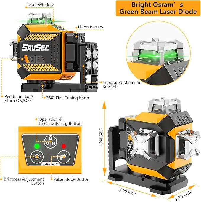 Laser Level 360 self leveling, SAVSEC 3 x 360° Brightness Adjustable Lazer Leveler Tool, 3D Rechargeable Green Cross Line Laser for Construction and Picture Hanging - Magnetic Fine-adjust Wall Bracket