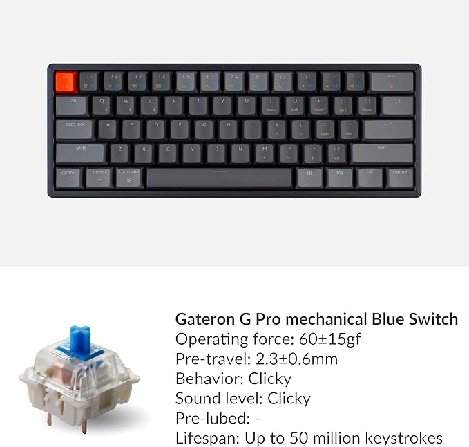 Keychron K12 60% Layout Bluetooth Wireless/USB Wired Mechanical Keyboard with Gateron G Pro Blue Switch/RGB Backlit/N-Key Rollover/Aluminum Frame, Compact 61-Key Computer Keyboard for Mac Windows…