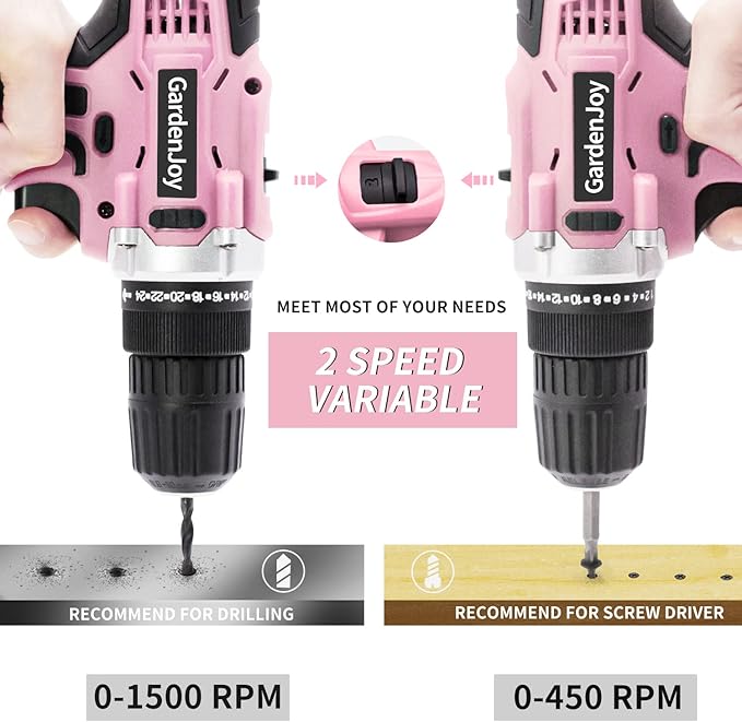 GardenJoy Cordless Power Drill Set - 21V Electric Drill Driver Kit with Battery and Fast Charger, 65pcs Acessories, 2 Variable Speed Control, 3/8-Inch Keyless Chuck and 24+1 Torque Setting