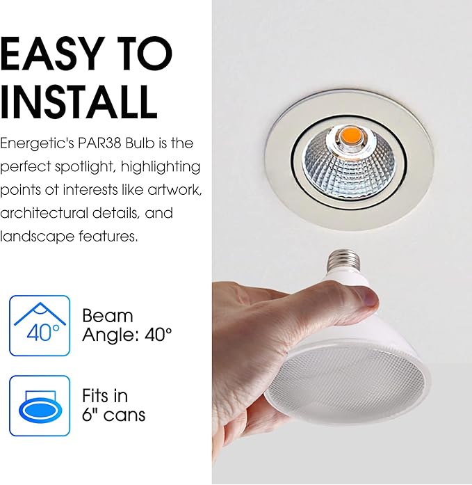 Energetic PAR38 LED Flood Outdoor Light Bulb, 5000K Daylight, 90 Watt Equivalent (11W), Wet Rated, 900LM, E26 Base, Non-Dimmable, 6 Pack