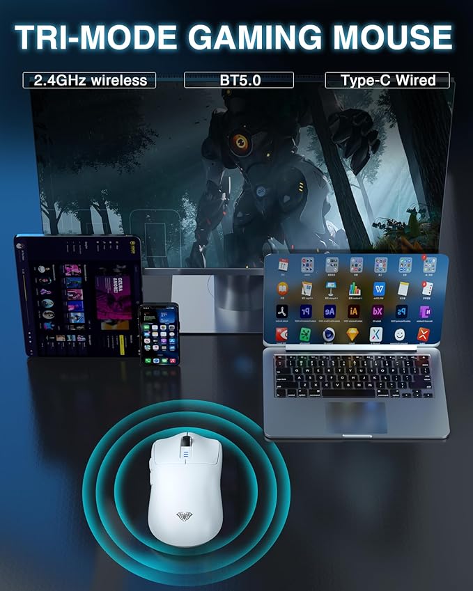 AULA SC580 Wireless Gaming Mouse, Tri-Mode 2.4G/BT5.0/USB-C Gaming Mouse, 12000 DPI Rechargeable Wireless Mouse with 6 Programmable Buttons, Ergonomic Computer Mouse for Laptop/PC/Mac/Tablet