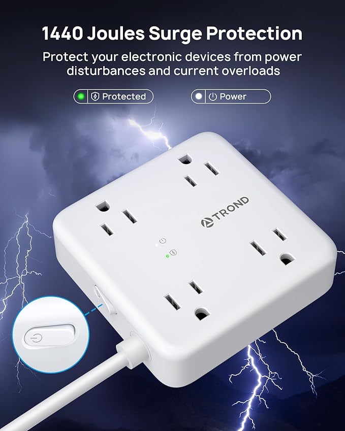 TROND Surge Protector Power Strip with USB Ports, 5ft Flat Plug Extension Cord with Multiple Outlets, 1440J, Wall Mount for Home Office Dorm Room Essentials, White