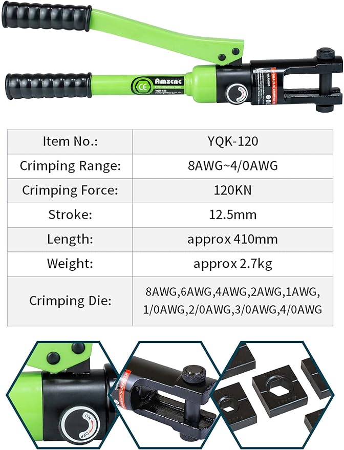 AMZCNC Professional Hydraulic Crimping Tool with 12 Ton Output Pressure and 9 Standard US Dies (Crimps 8 AWG to 4/0 AWG)