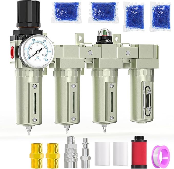 4 Stage Air Drying System 3/4" NPT Heavy Duty Industrial Grade,Coalescing Filter,Double Particulate Filter,Desiccant Dryer and Air Regulator For Plasma Cutter and Paint Spray, Manual Drain