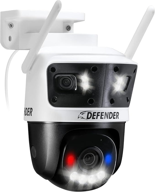 Defender AI Powered 3K+ Guard WiFi Tri-Lens PTZ Plug-in Power Outdoor Security Camera, 3-in-1 360°Smart View Camera, 8X Zoom, Human/Vehicle AI Detection, Blue/Red LED, WiFi 6, Works w/Guard App