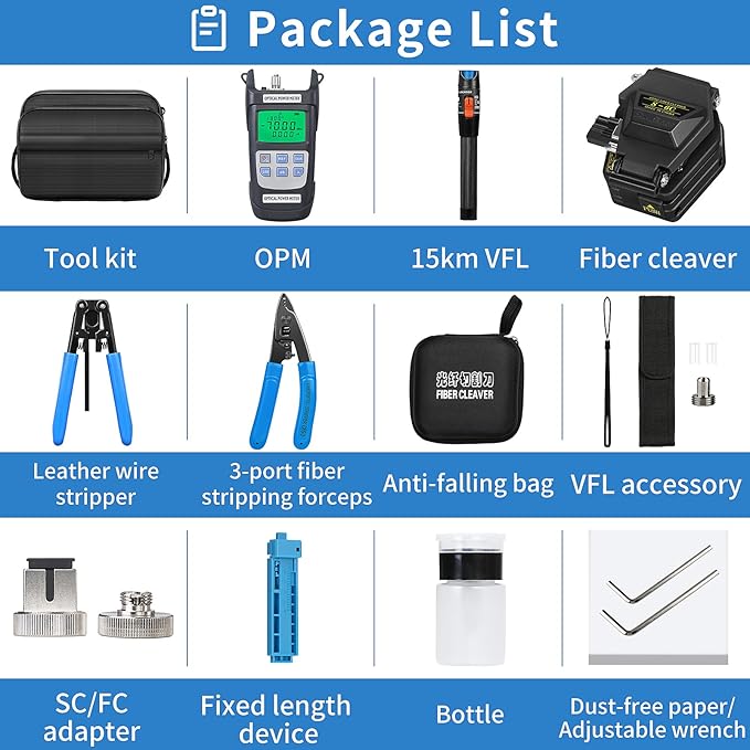 FTTH fiber optic tool kit 8-in-1 fiber optic terminal kit S-6C Optical Fiber Cleaver equipped with VFL15KM fiber optic tool kit Y710A optical power meter -70~+10dbm fiber stripping pliers
